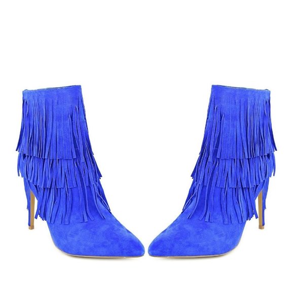 EUC Steve Madden Flappper Size 9.5 Cobalt Blue Suede Ankle Boots w/ Fringe - Picture 1 of 15